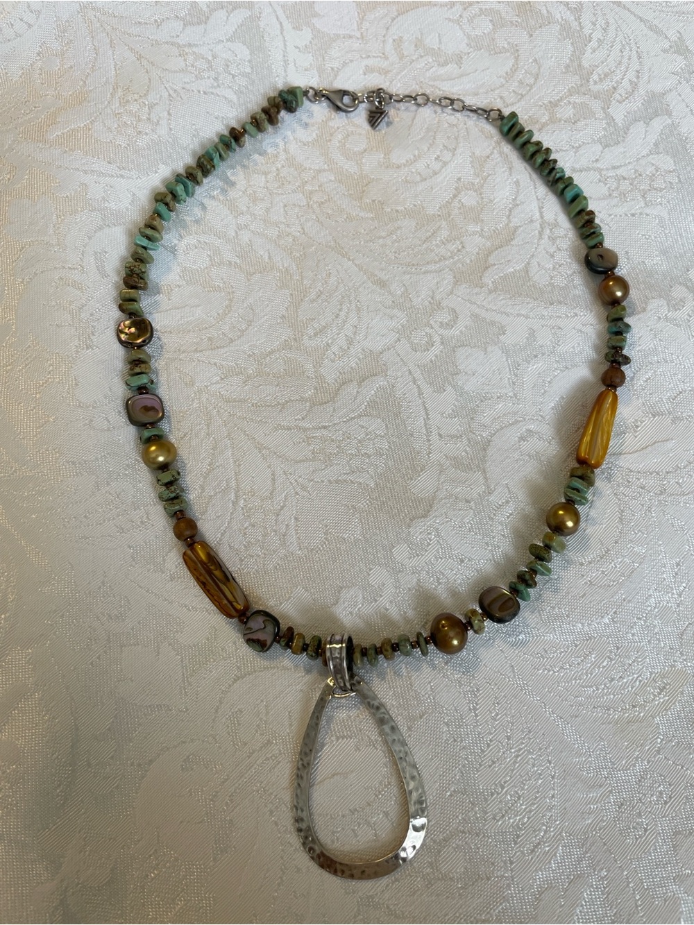 Silpada Handcrafted Green and Gold Beaded Necklace with Silver Teardrop Pendant
